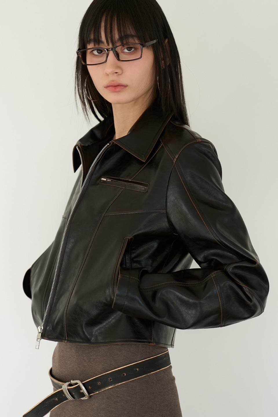 Cutline Crop Leather Jacket in Black