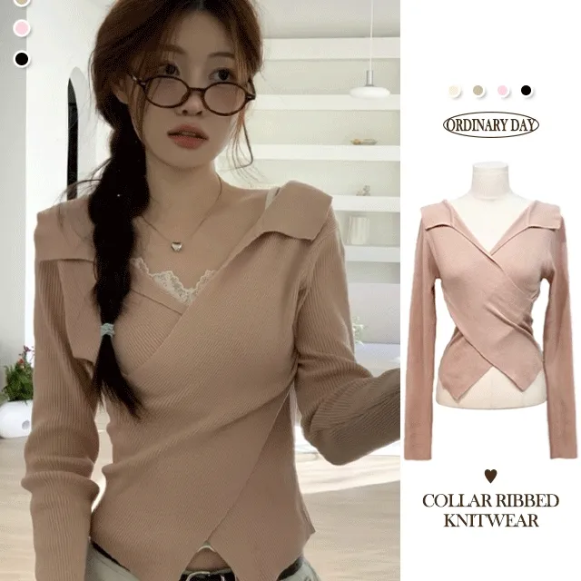 [-3kg잘록보정핏!]하루에 밑단 트임 브이넥 랩 골지 카라넥 니트 4color