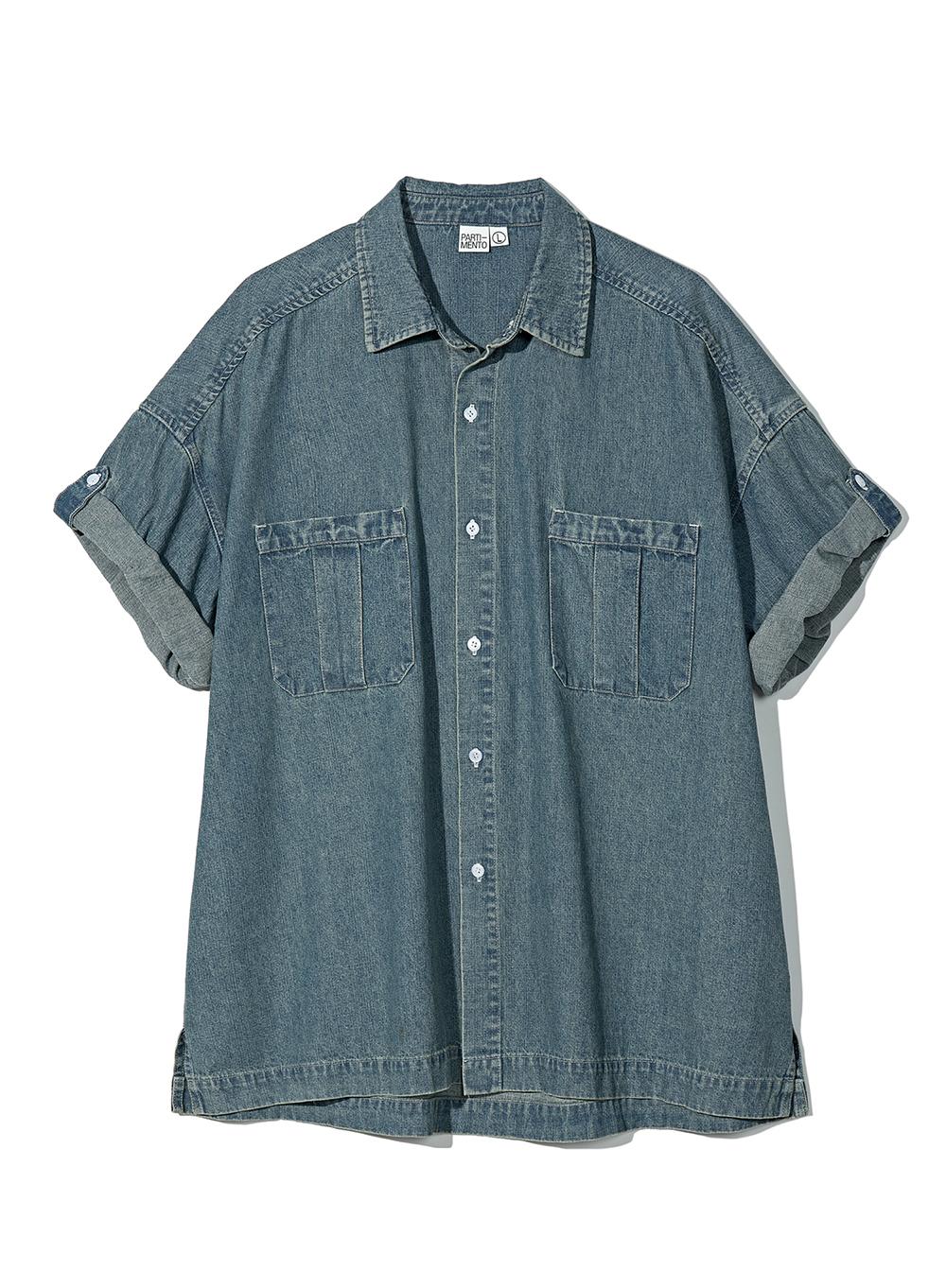 Washed Denim Roll Up Half Shirts_Blue