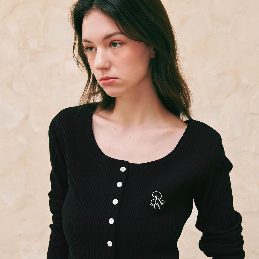 SLIM BUTTON U NECK LONG SLEEVE BLACK