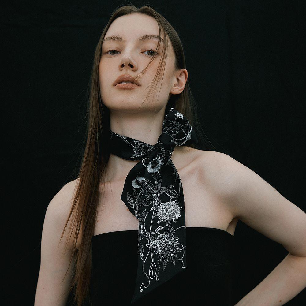 Botanic Garden Long Twilly Silk Scarf - Black