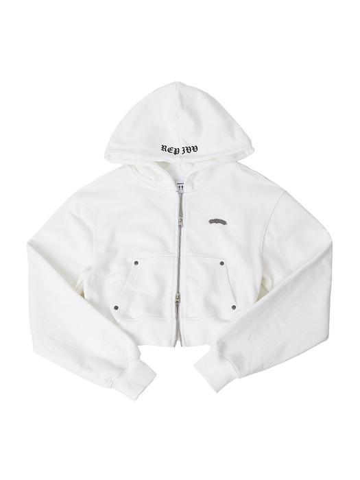 Distressed Logo Crop Hoodie Zip-up (White)