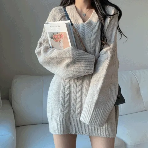 [보호본능자극핏!!당일발송] 몽블랑 브이넥 꽈배기 오버핏 니트 미니원피스 (3 colors)