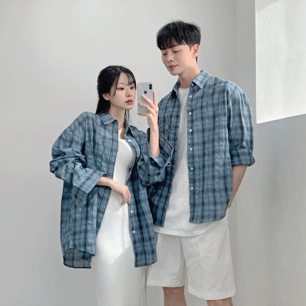 Asha 썸머 체크 셔츠#1843   캐주얼 루즈핏 오버핏 썸머체크 썸머 베케이션 커플 시밀러 데일리 파티룩 유니섹스 남여공용 빅사이즈 오버핏 데이트 룩