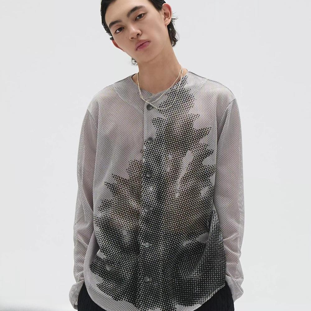 7440 37 1 매쉬 가디건 노카라 오버핏 소나무 프린팅 배이스볼 가디건