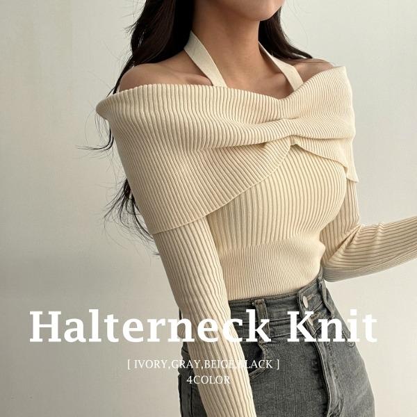 1+1할인 [여리여리/오프숄더] 레나 홀터넥 오프숄더 골지 크롭니트 4color