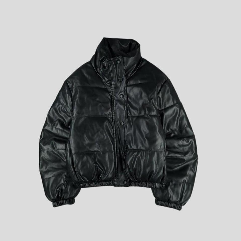 빈티지 블랙 반광 히든지퍼 크롭 비건레더 폴리필 패딩 점퍼 WOMANS FREE