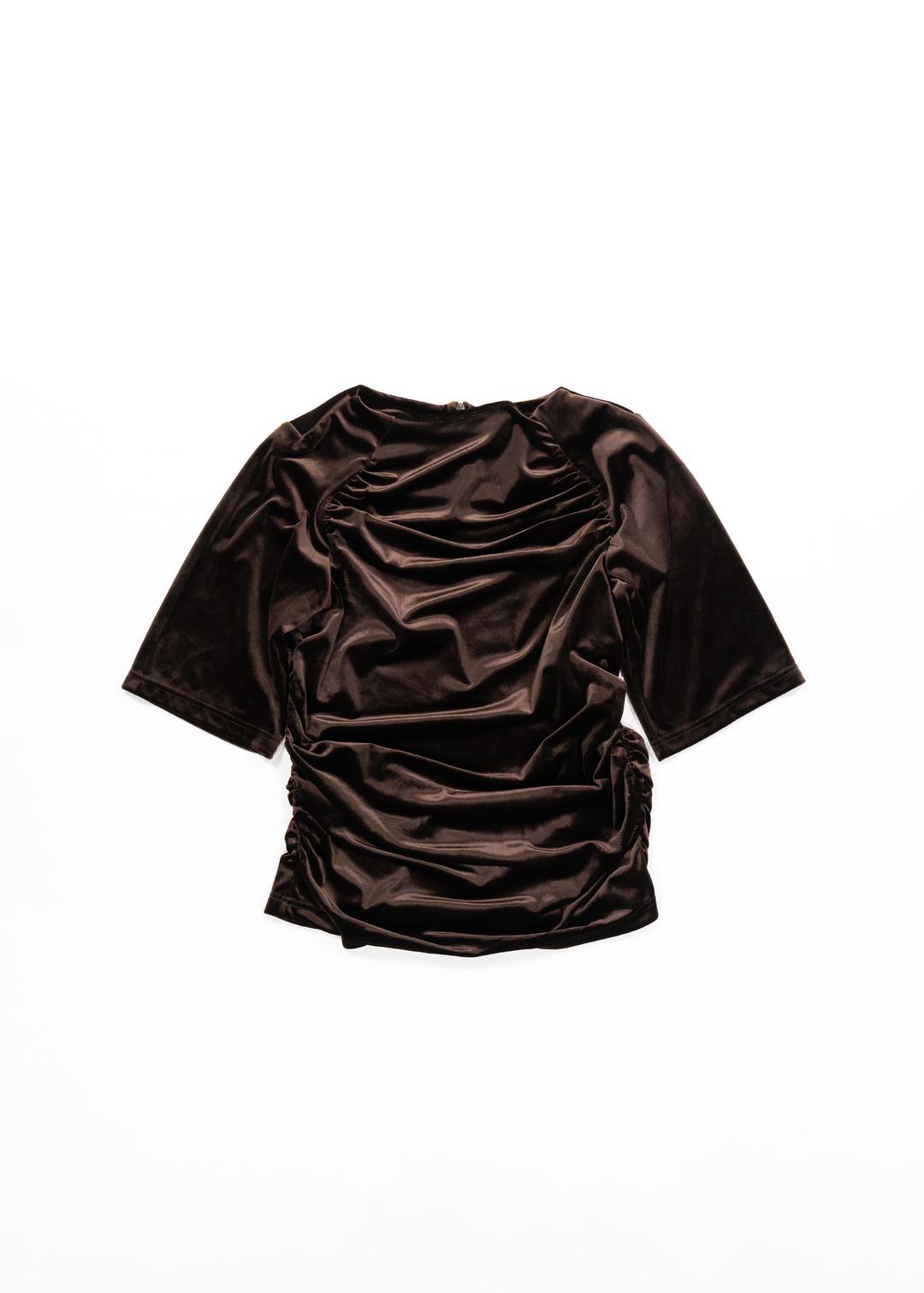 VELOUR RUCHED HALF TOP - BROWN