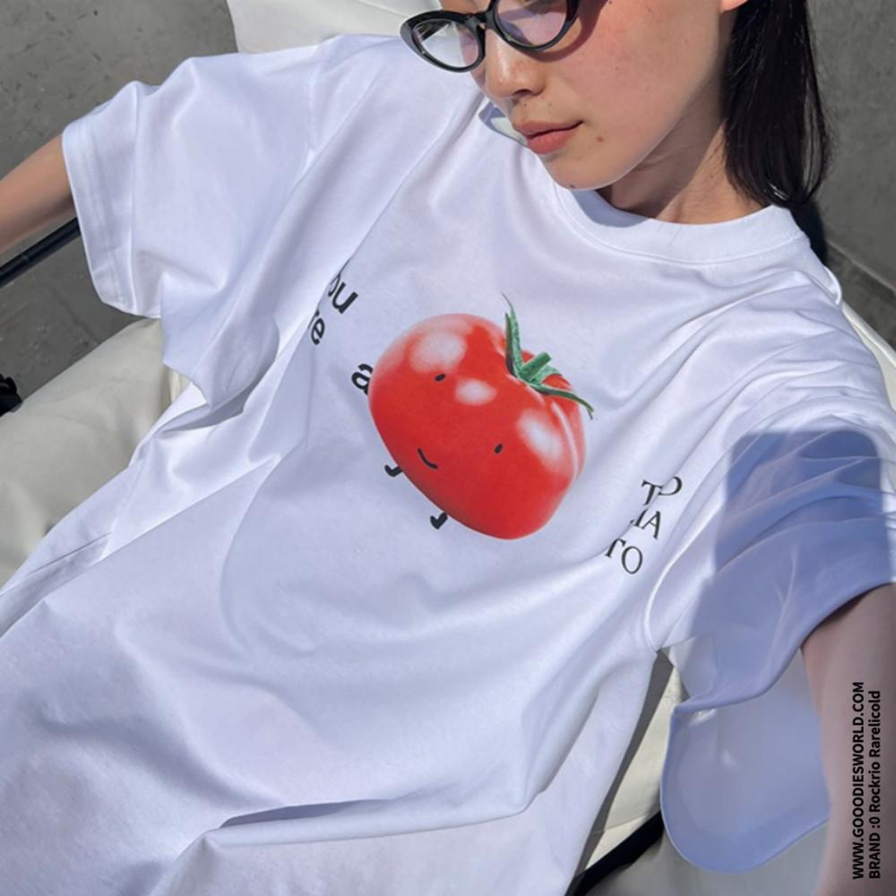 Rockrio Rarelicold 티셔츠 포테이토 앤 토마토 프린트 반팔 롱 티셔츠