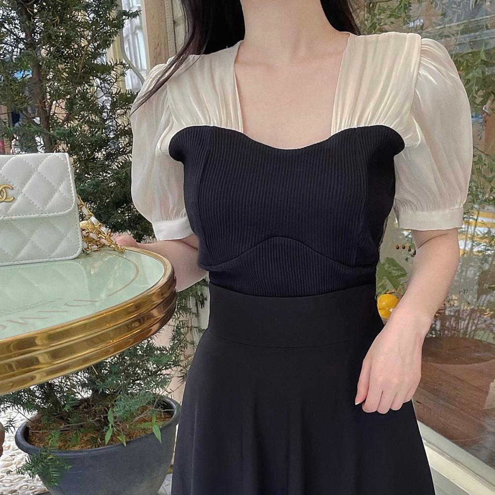 발레리나 새틴 골지 배색 티셔츠 퍼프 블라우스