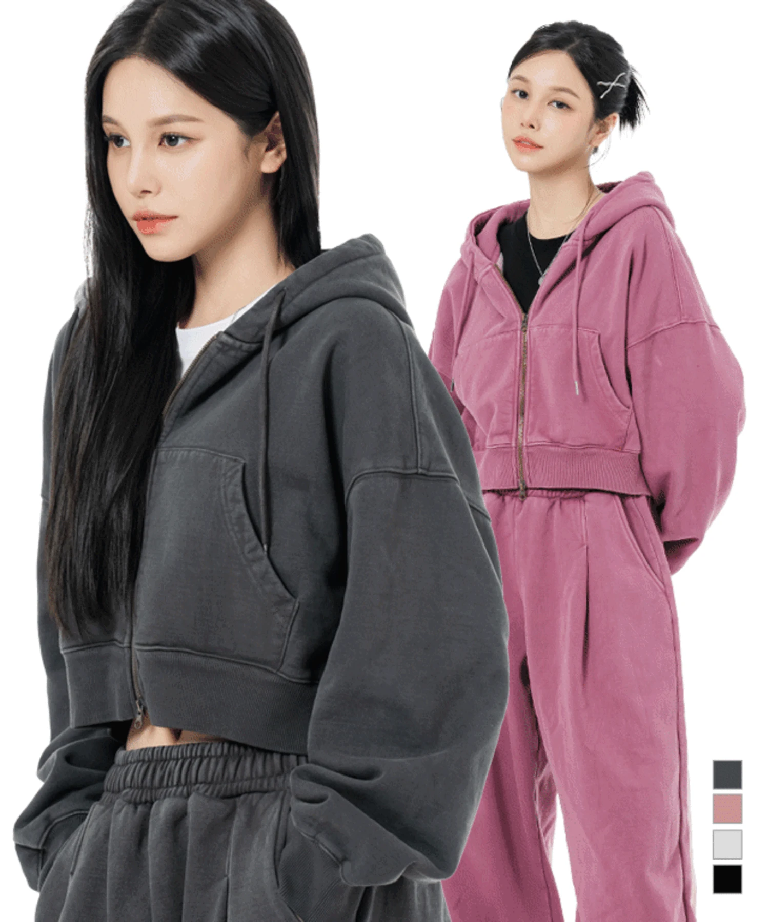 [4COLOR] 테리 기모 피그먼트 투웨이 크롭 후드집업