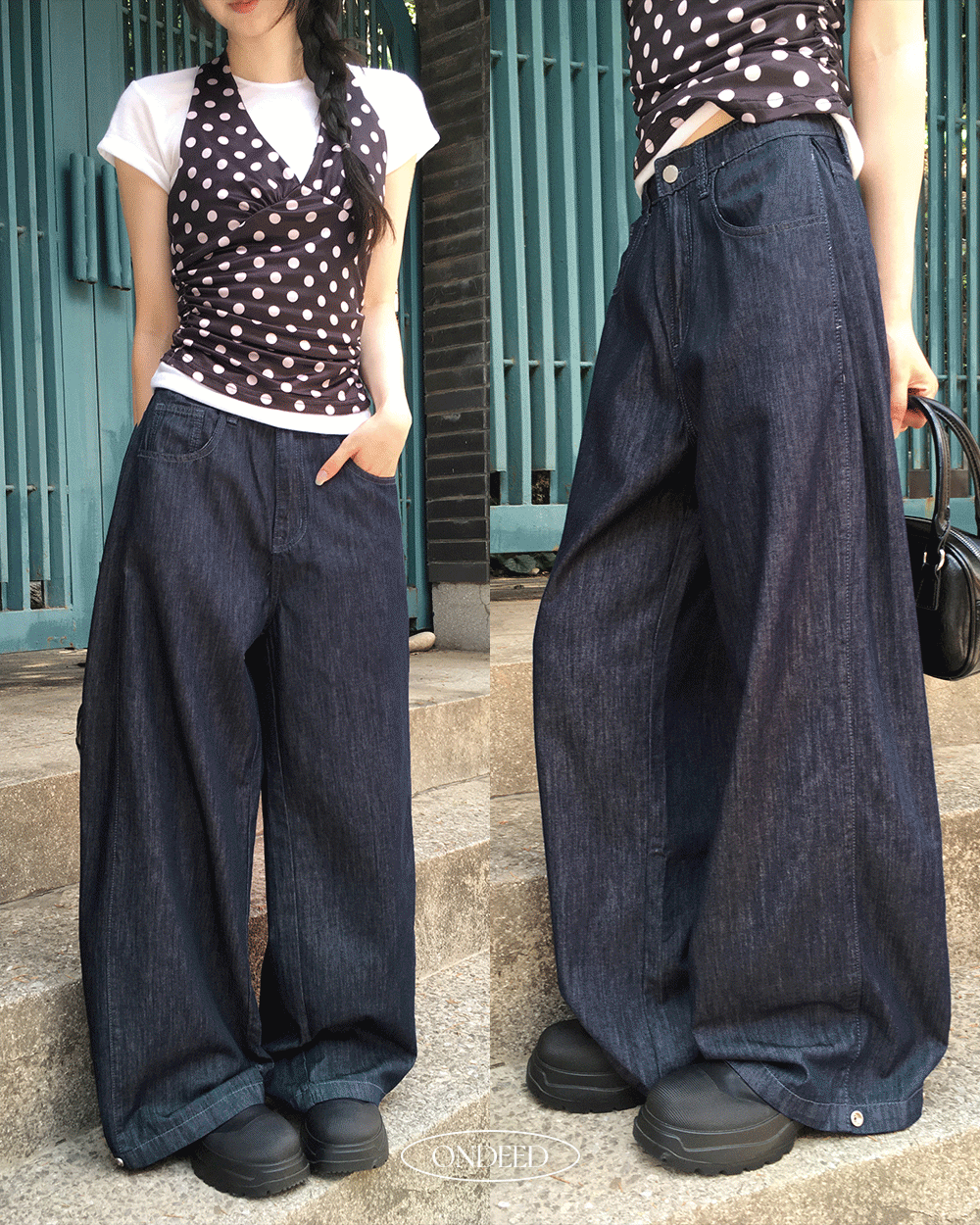 온디드 [쿨여름데님🧊/기장선택] 칸즈 생지 핀턱 스냅 와이드 데님 팬츠