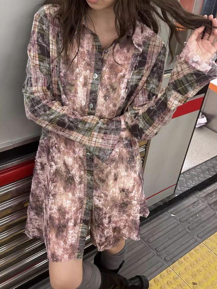 Lace Patchwork Aged Plaid Shirt Dress【s0000006432】