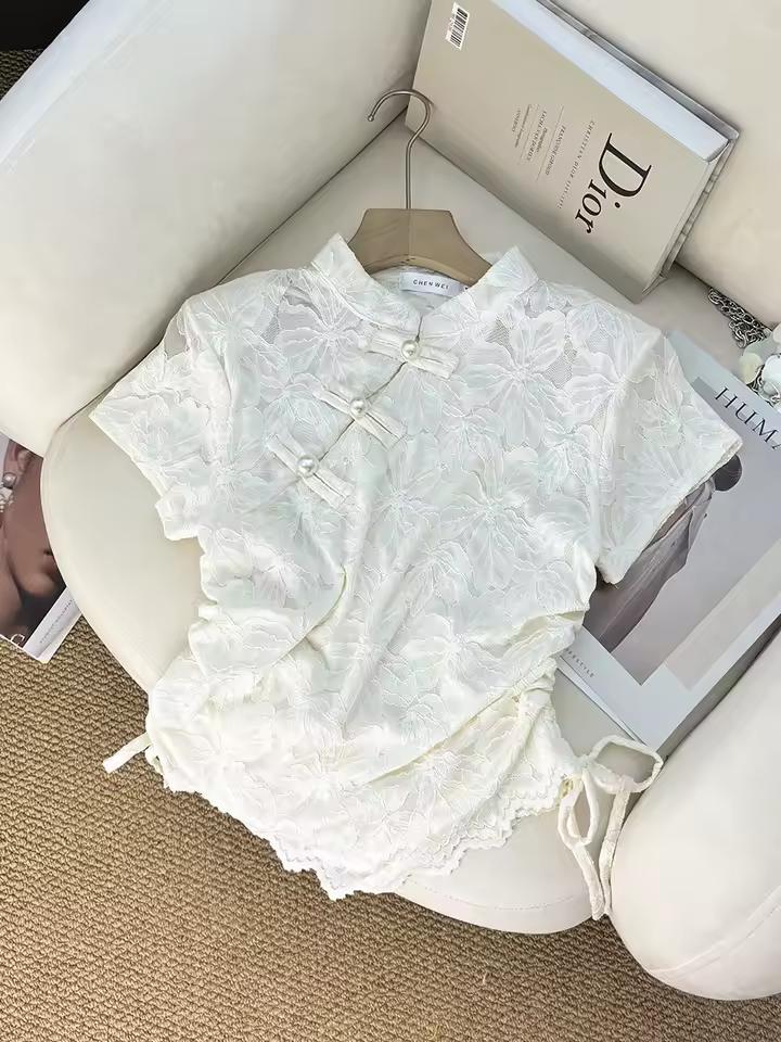 새로운 중국 스타일 레트로 칼라 버튼 티셔츠 여성 여름 짧은 Dstring 허리 Cinching 다목적 스탠드 탑 한국어 버전