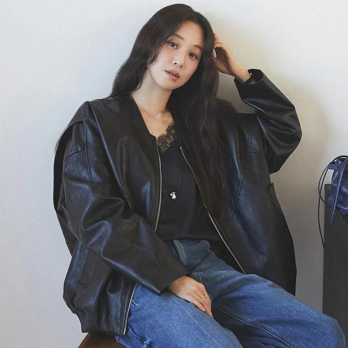 V-neck Faux Leather Blouson Jacket SL6SM604-10