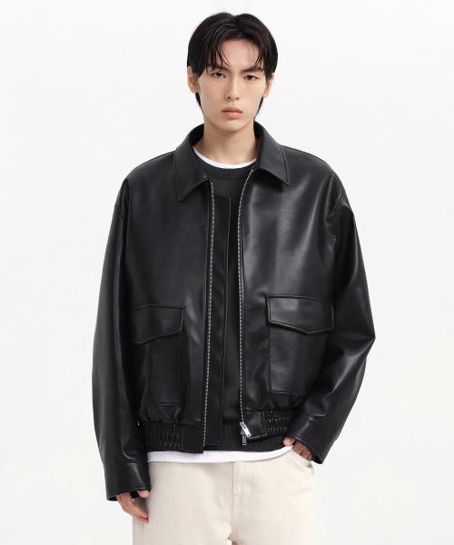 신세틱 레더 오버사이즈 에비에이터 재킷 [블랙]