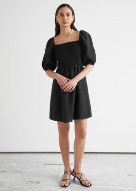 리넨 퍼프 슬리브 미니 드레스