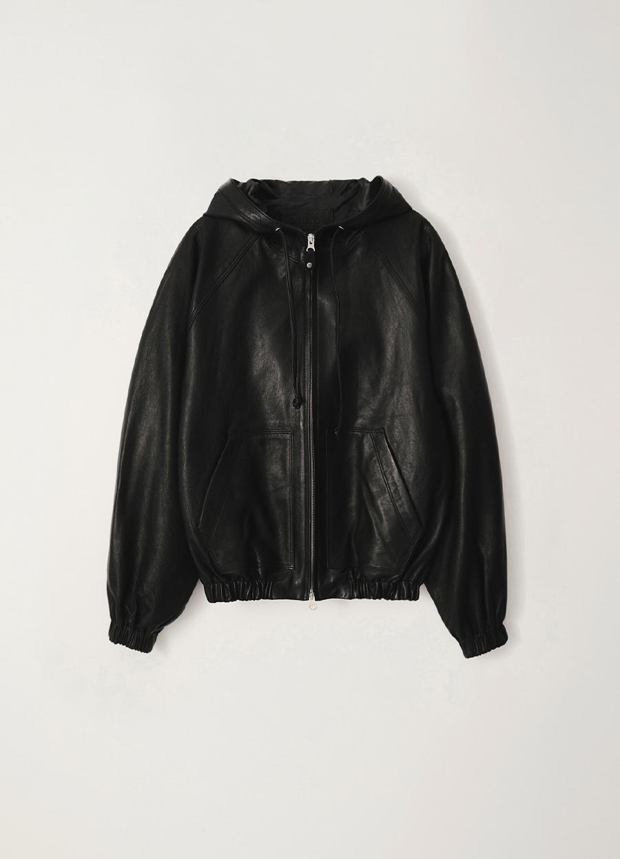 Hooded leather blouson jacket (Black)