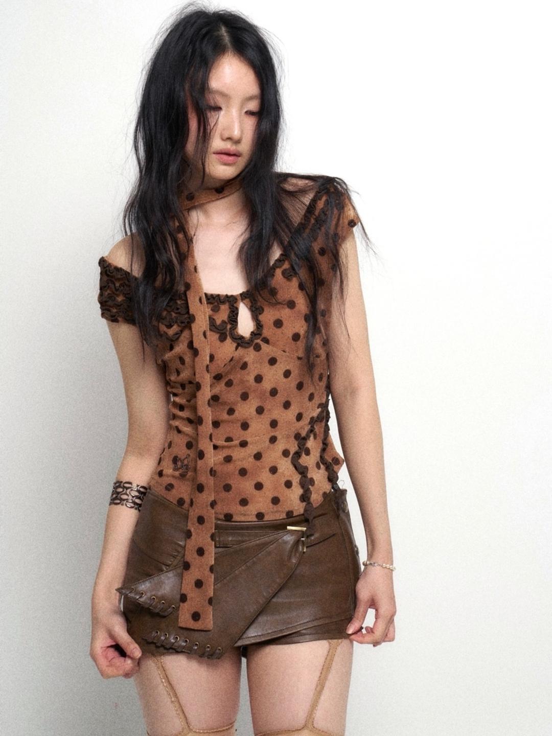 Flowers birds Market Dot Lace Velvet Camisole - ORANGE BROWN