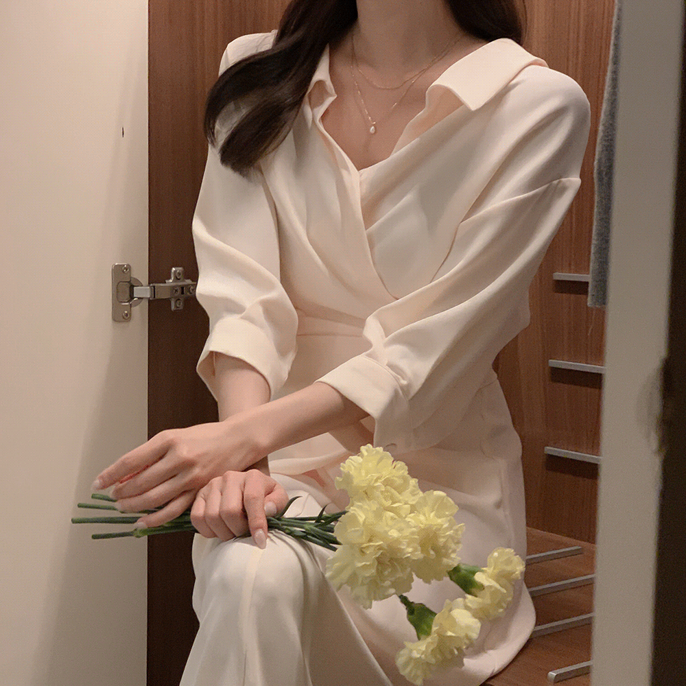 [Dali made]어텀 로엘 카라 셔츠 랩 꼬임 스트랩 리본 롱 원피스(하객룩)