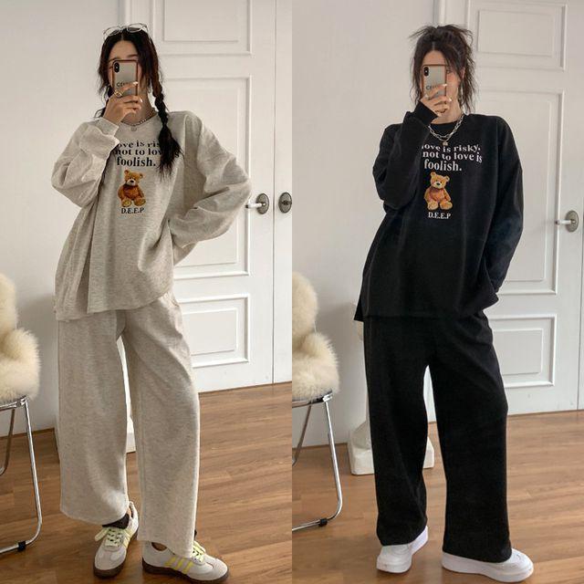 99까지 기모,면 선택 곰돌이 라운드넥 롱티셔츠 와이드 밴딩팬츠 트레이닝 세트 츄리닝 셋업 데일리 캐주얼 -BPST0158- 빅사이즈 루즈핏 오버핏 가을 겨울 코디