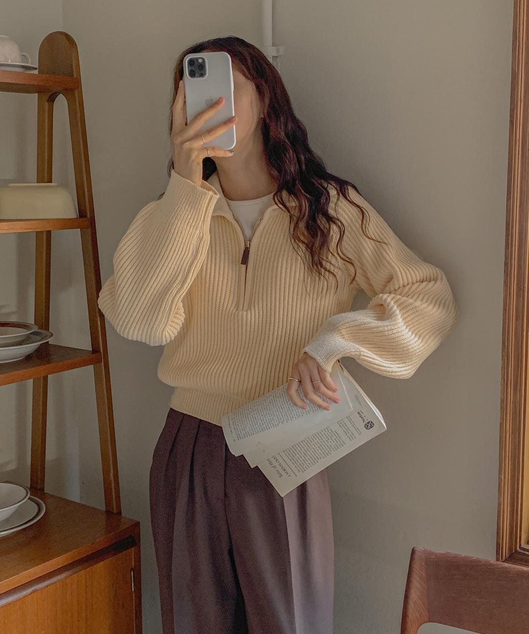 (Best Reorder)로라 골지 하프 집업 니트 - 4 color_직진