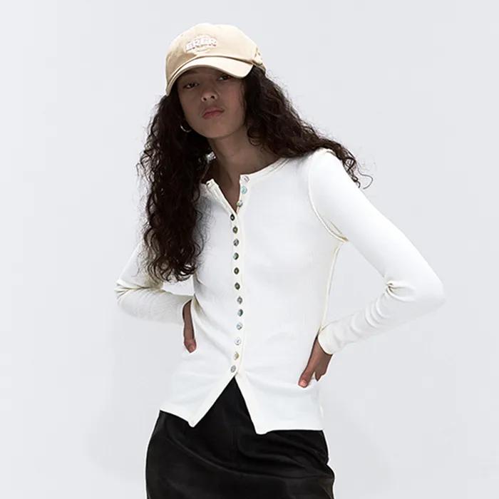 Ribbed Button-Detail Tee Ivory