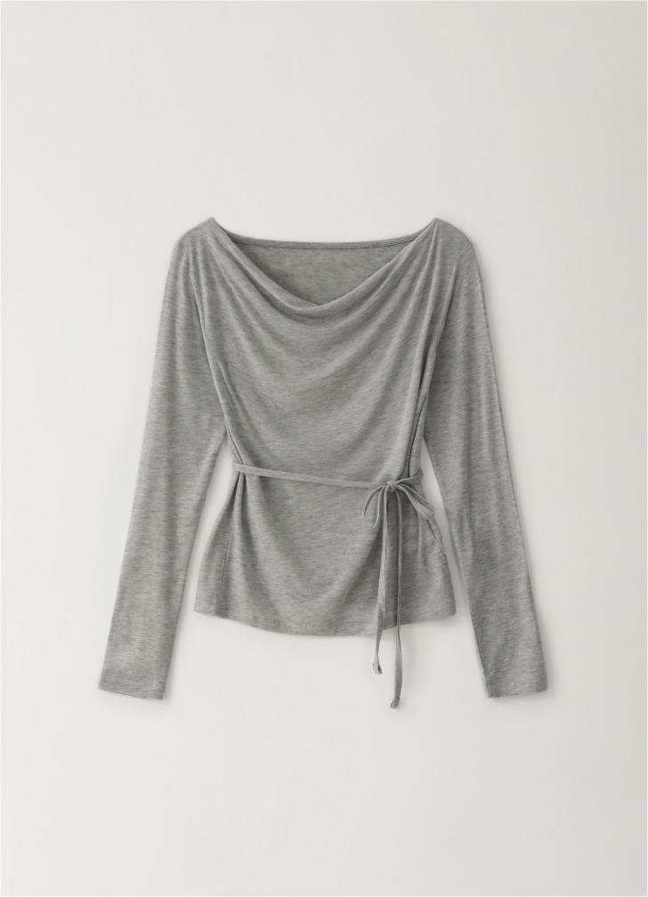 Drape Boat Neck Tie-Waist Top L/Melange Gray