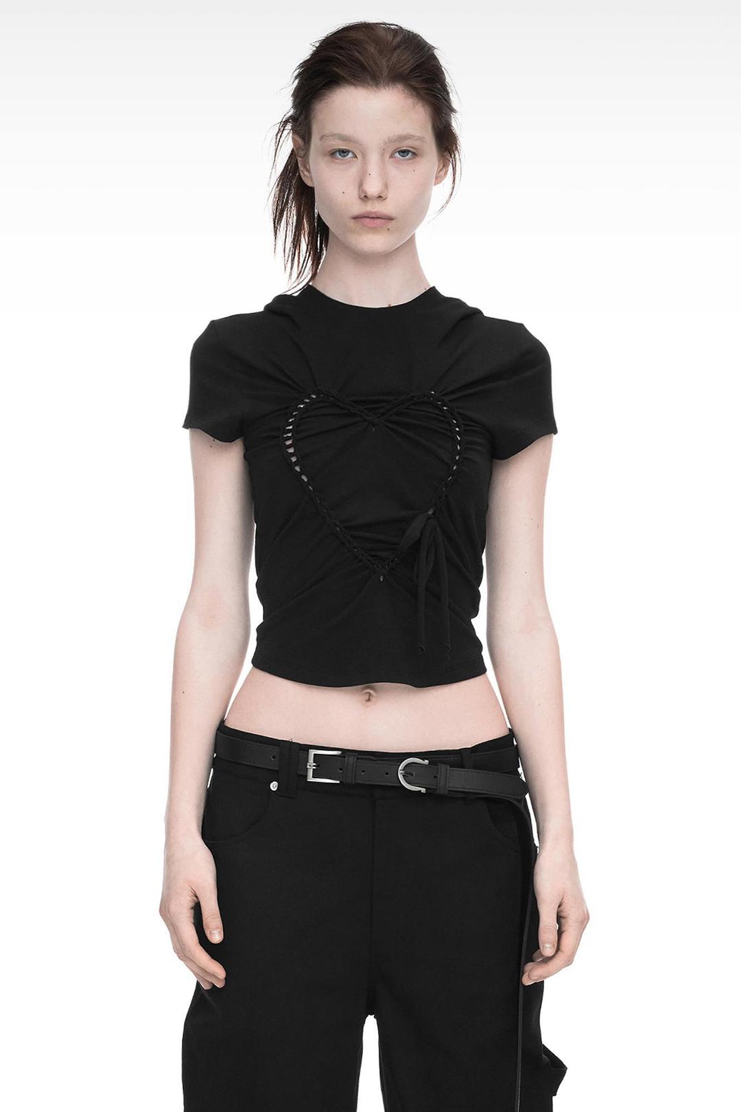 HEART BRAID HOODIE T-SHIRT BLACK