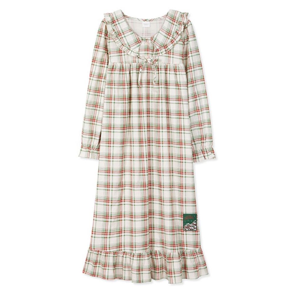 원피스잠옷 이브니에 그리팅 아이보리 체크 긴팔 여성 홈드레스 피치기모 간절기 홈웨어