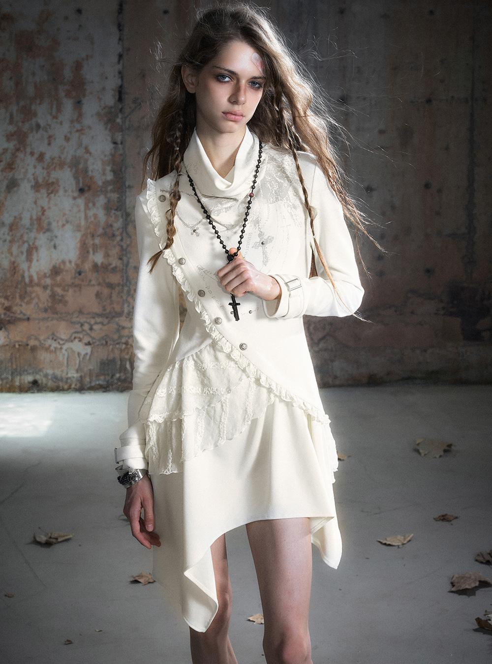 Loose Collar Lace Spliced Dress (2color)