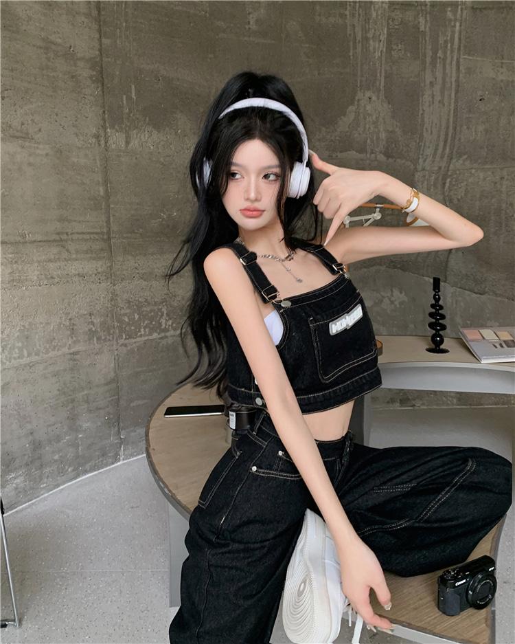 ✨주문폭주✨ 핫 걸 투피스 데님 크롭 멜빵 탑+와이드 팬츠 세트 촬영룩 스트릿 여행룩