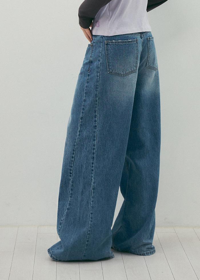 Damaged Wide-Leg Curved Denim_CTD424(Medium Blue)