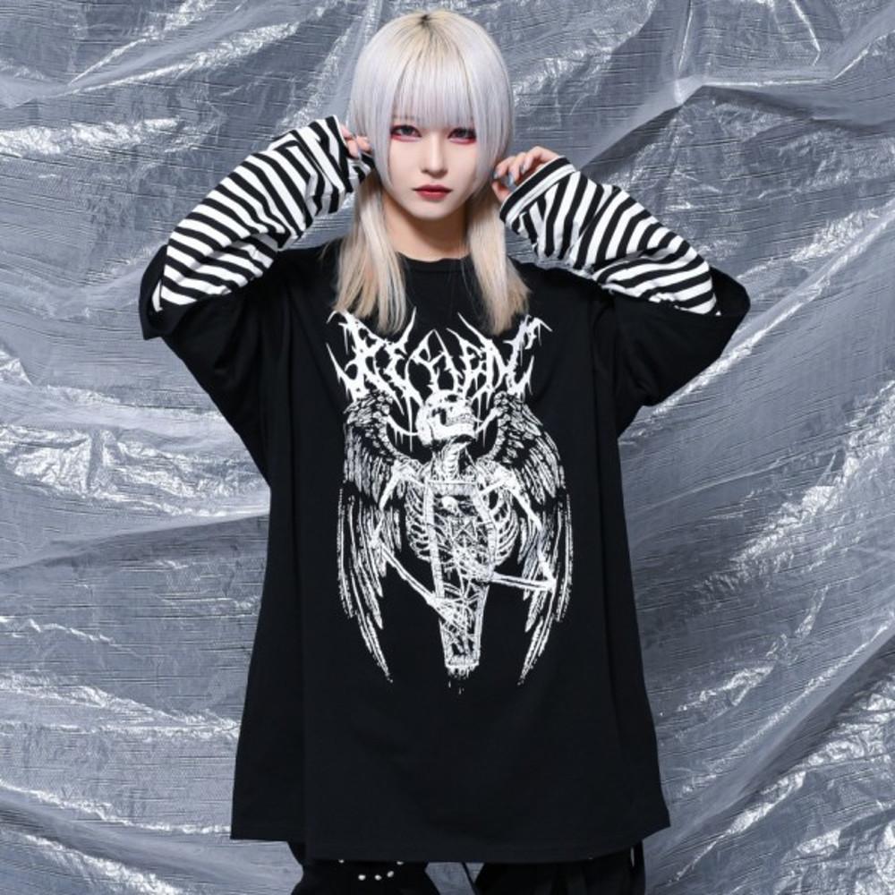 REFLEM 레플렘 티셔츠 레이어드 보더 스컬 프린트 롱 T