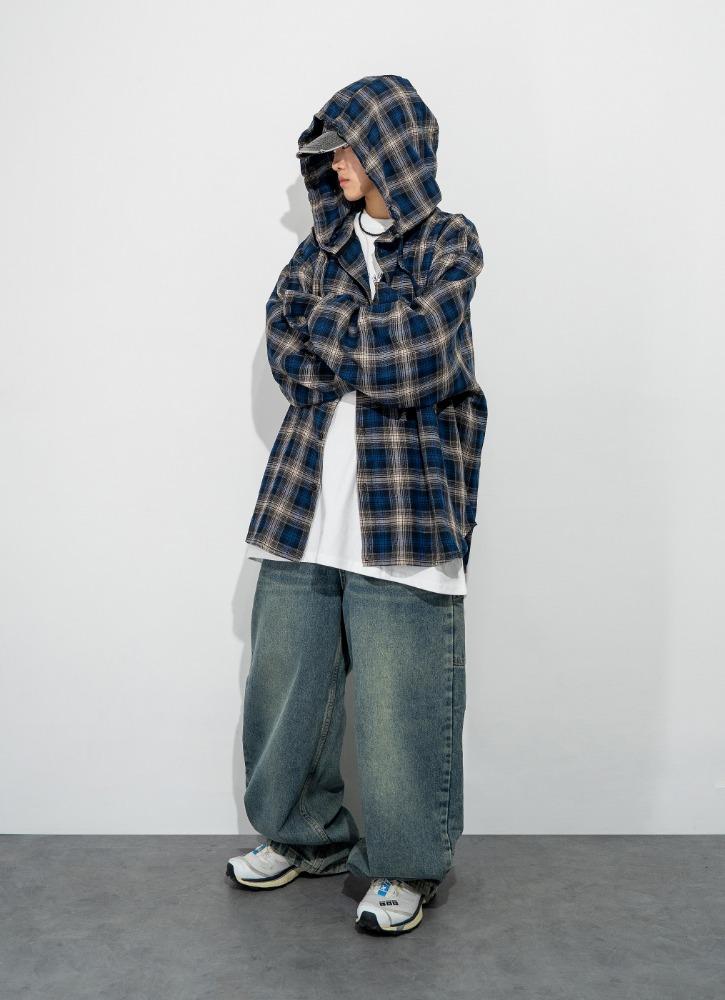 [unisex] 루즈 후드 체크 셔츠
