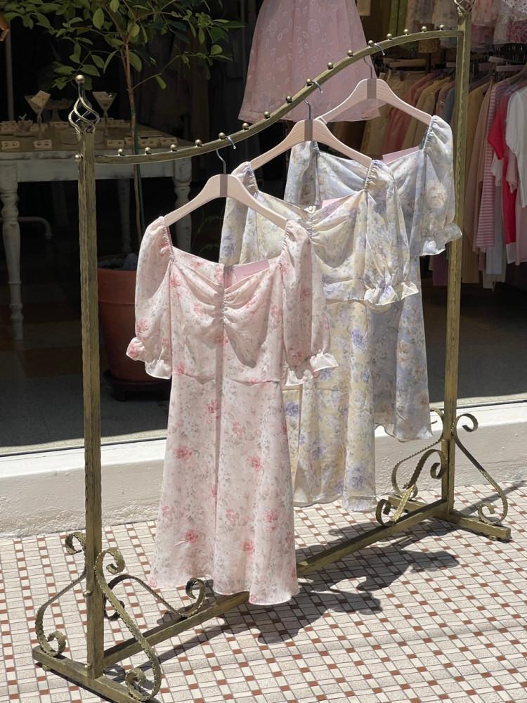 수채화 쉬폰 셔링 오프숄더 미니원피스