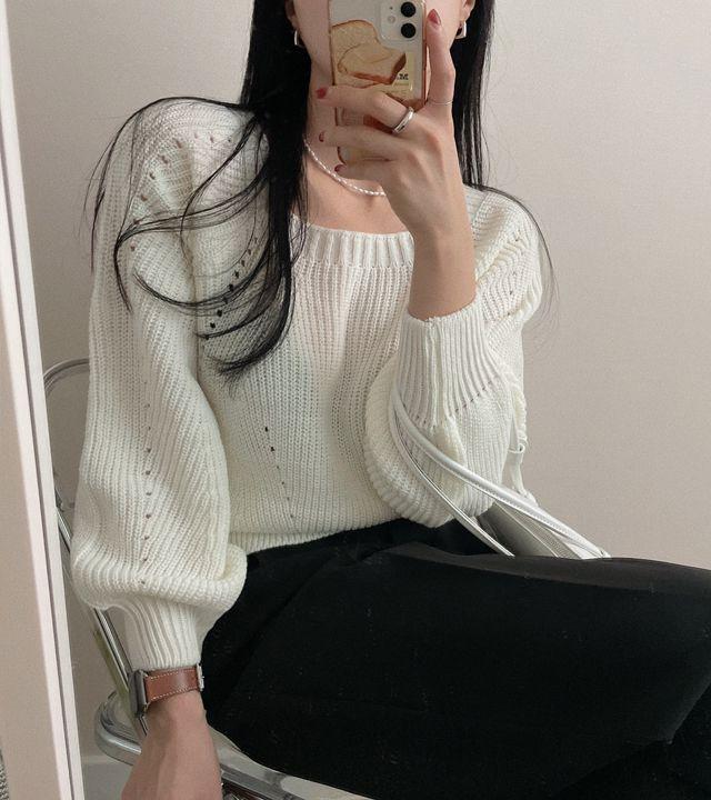 (여리무드) 스퀘어넥 퍼프소매 하찌니트(4color)_몽그라미_2