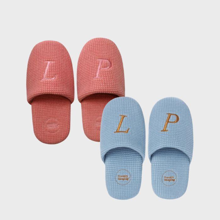 [1+1] Classic Waffle Knit Room Shoes, Brick Pink+Blue Gray