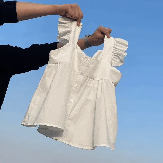 프릴 날개 스퀘어넥 바캉스 단추나시 블라우스