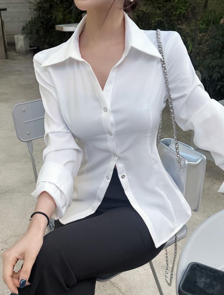 스냅 라인 스판 셔츠 2color 롱 글램핏 슬림 오피스룩 모던 베이직 레이어드 블라우스