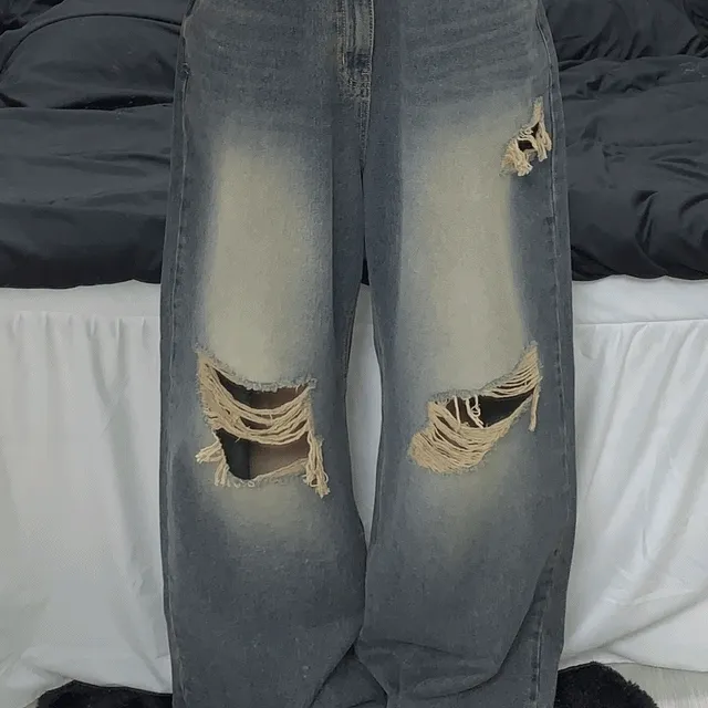 [유니크⛧] 빈티지 베이지 구제 찢청 트임  와이드 워싱 데님팬츠