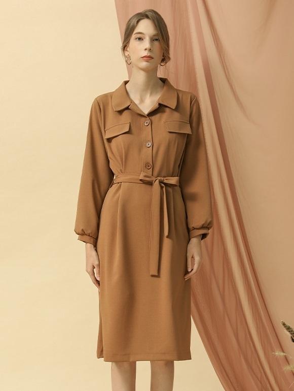 [15% 쿠폰][~77사이즈]오픈칼라 포켓 벨티드 원피스(CX8OPF2)