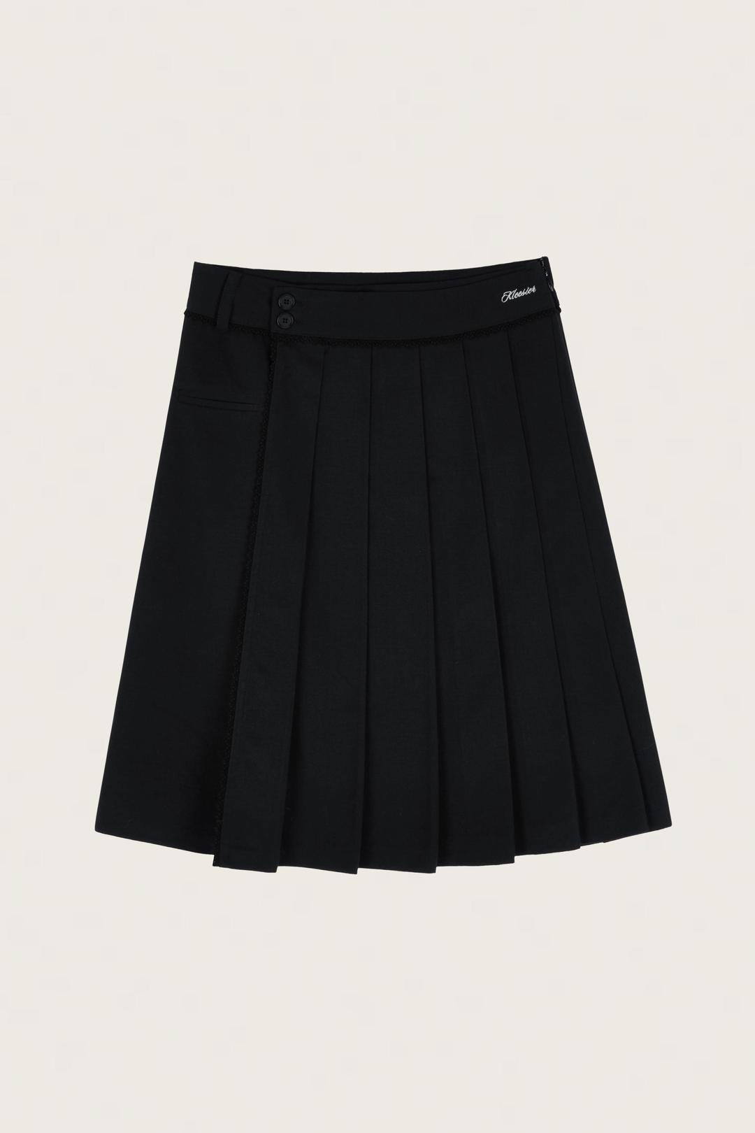 Two-Button Pleated Midi Skirt, Black