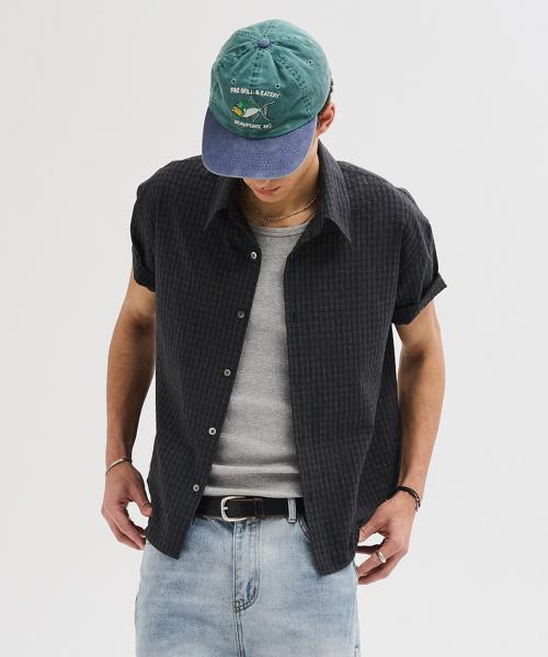 링클 시어서커 잔 체크 셔츠 [블랙]