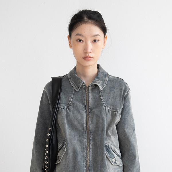 Faded Curve Line Two Way Denim Blouson (Blue)