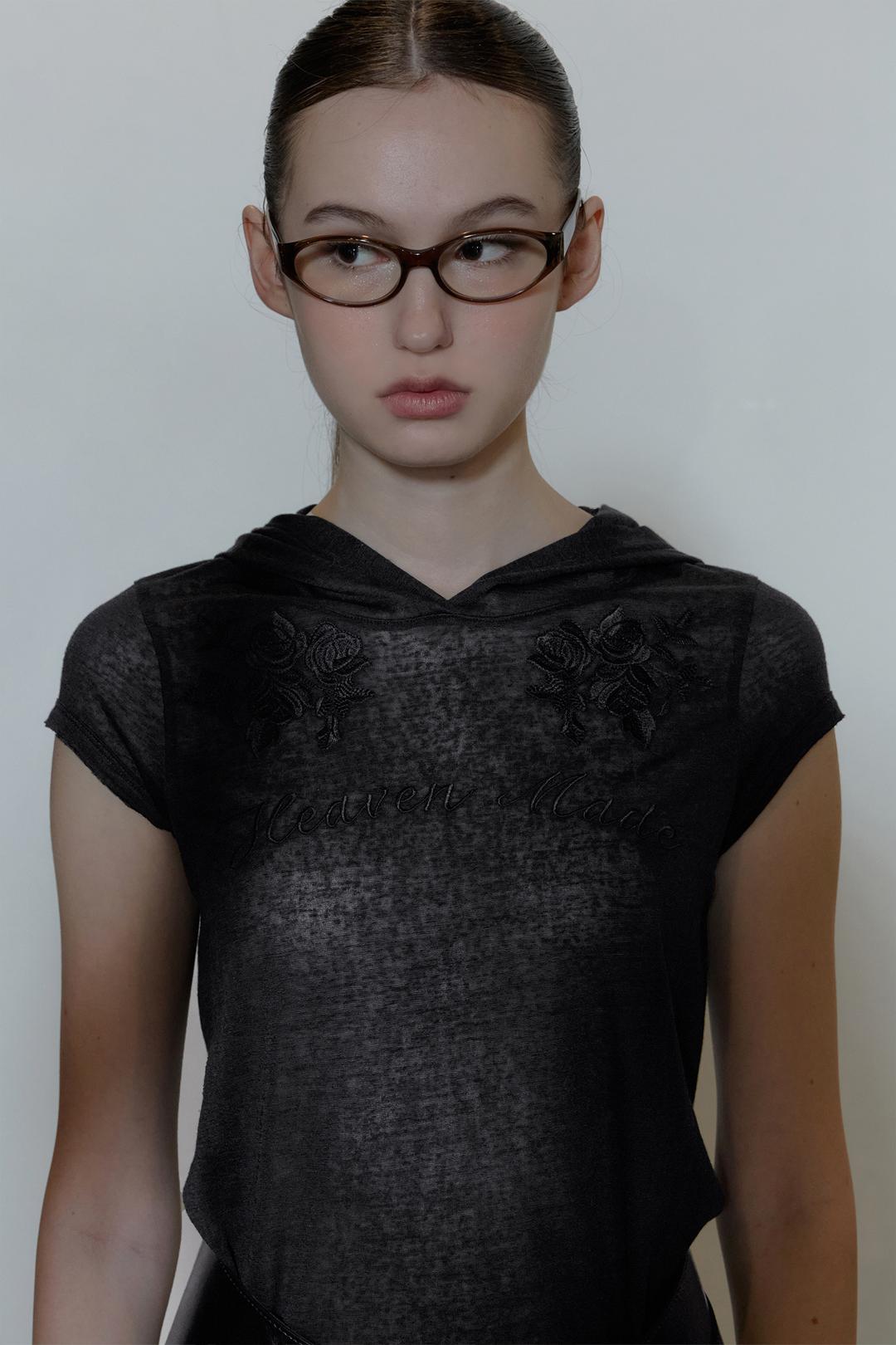 Rose Embroidery Hoodie Tee Black