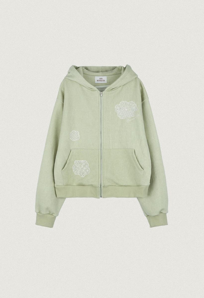 Lace Applique Pigment Hoodie Zip-Up_Dusty green(O26OT04)
