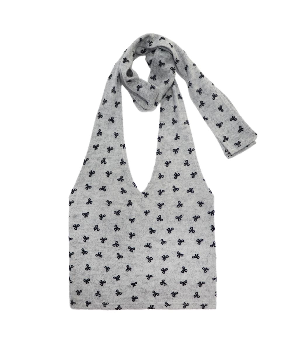 RIBBON FLOCKING V-NECK SLEEVELESS HALTER TOP [GREY]