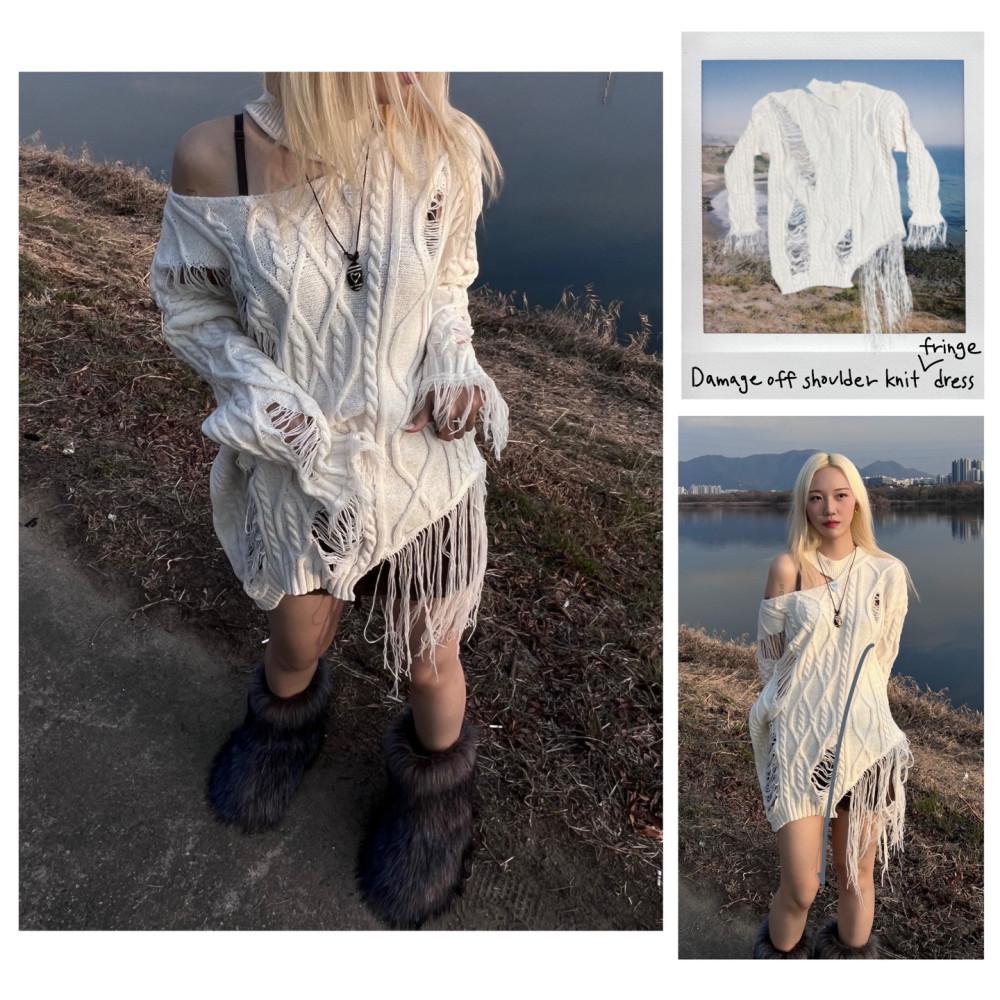 Damage off-shoulder knit fringe dress (1color)