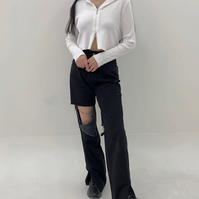 [찐예쁨/모델소장] 하퍼 블랙 데미지홀 찢어진 데님 청 롱 와이드 팬츠